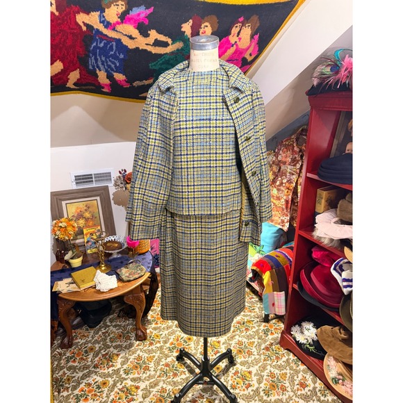 Pendleton Dresses & Skirts - Vintage 60s Pendleton 3pc Wool Skirt Suit Blue Green Houndstooth Plaid Size 16